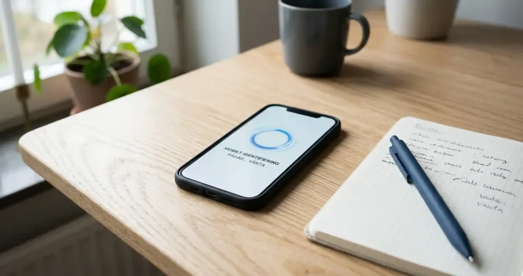 Mobiltelefon på ett skrivbord bredvid anteckningsbok och penna.