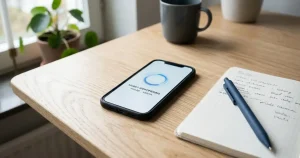 Mobiltelefon på ett skrivbord bredvid anteckningsbok och penna.