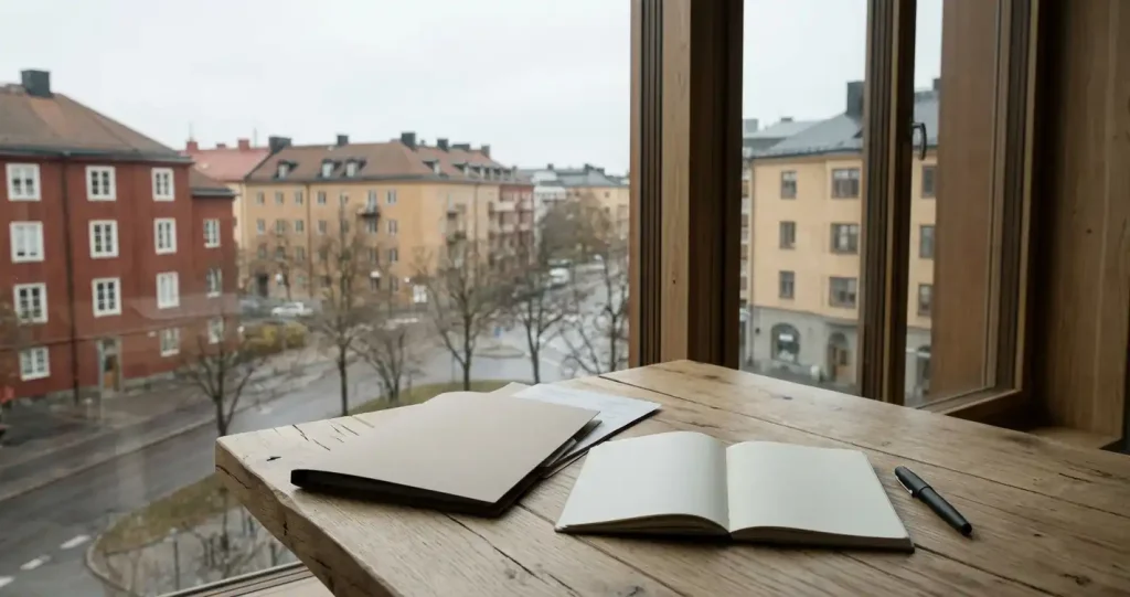 Dokumentmapp och anteckningar på ett bord framför en svensk stadsmiljö