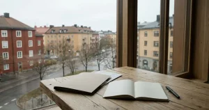 Dokumentmapp och anteckningar på ett bord framför en svensk stadsmiljö