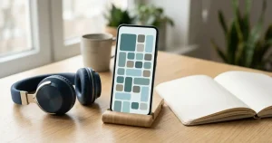 Smartphone i stående format bredvid hörlurar och en anteckningsbok.