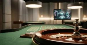 Roulettehjul i en belyst spelstudio med spelbord och bildskärm i bakgrunden